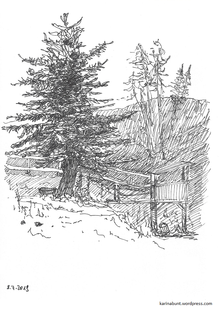 Skizze eines alleinstehenden Baums mit ein bißchen Hintergrund